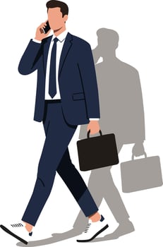 Businessman walking and talking on phone holding briefcase in navy suit and white sneakers vector