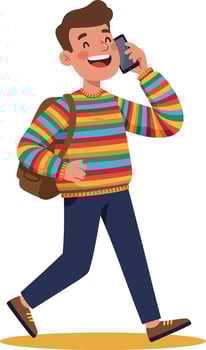 Young man wearing colorful striped sweater talking on phone while walking happily outside in casual outfit vector