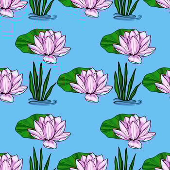 A vibrant seamless pattern featuring delicate pink water lilies, lush green lily pads, and vibrant aquatic grasses, set against a serene light blue backdrop. vector