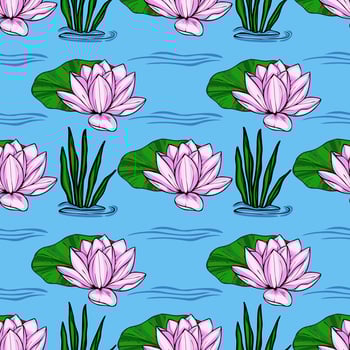 A vibrant seamless pattern featuring delicate pink water lilies, lush green lily pads, and swaying aquatic grasses on a tranquil light blue water backdrop, creating a serene and harmonious vector