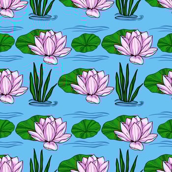 Serene seamless pattern featuring delicate pink water lilies, vibrant green lily pads, and lush aquatic plants gracefully floating on a tranquil light blue water surface, creating a harmonio... vector