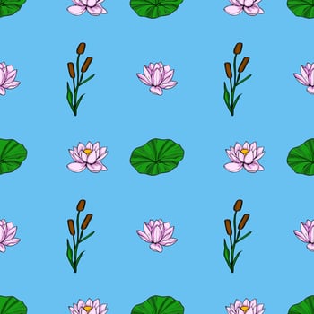 Serene Seamless Pattern Pastel Pink Water Lilies, Reeds, and Lily Pads on a Light Blue Background, Ideal for Summer Designs. vector