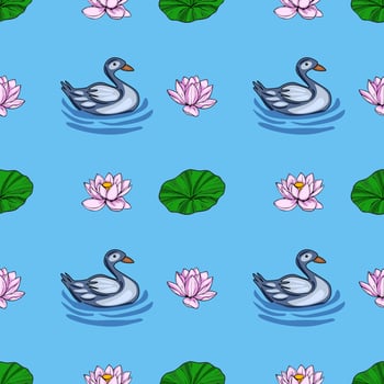 Serene seamless pattern featuring stylized ducks swimming amidst pink lotus flowers and lily pads on a tranquil light blue water background. vector