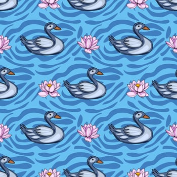 Seamless pattern featuring stylized grey ducks gracefully swimming amidst pink water lilies on a vibrant blue water background with a dynamic wave texture. vector
