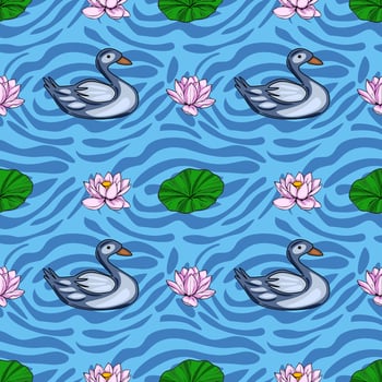 Serene seamless pattern featuring stylized grey ducks gracefully gliding on a vibrant blue water surface adorned with delicate pink lotus flowers and lush green lily pads, creating a tranqui... vector