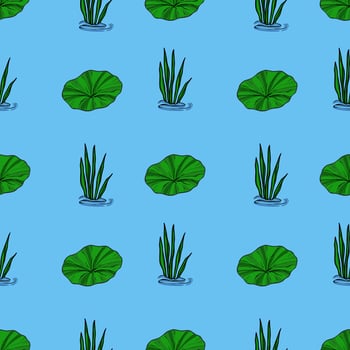 Seamless pattern featuring stylized illustrations of vibrant green lily pads and aquatic grasses floating on a tranquil light blue water surface, creating a serene and refreshing design. vector