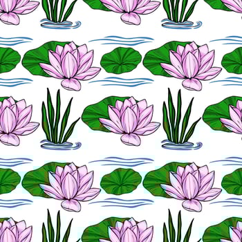 Serene seamless pattern featuring delicate pink water lilies, vibrant green lily pads, and lush aquatic grasses, all gracefully floating on a calm, light blue water surface. vector