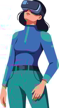 Woman wearing virtual reality headset exploring immersive digital environment in modern technology setting vector