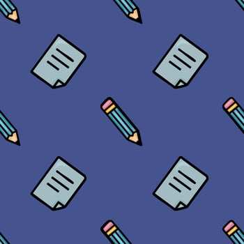 Seamless pattern featuring a playful design of teal pencils and light-blue papers on a deep indigo background, creating a vibrant and cheerful educational backdrop. vector