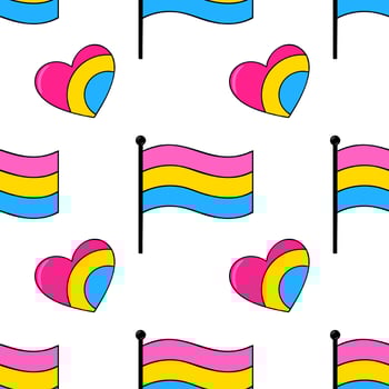 Seamless pattern featuring vibrant pink, yellow, and blue pansexual flags and hearts, ideal for LGBTQ themed designs and celebrations. vector