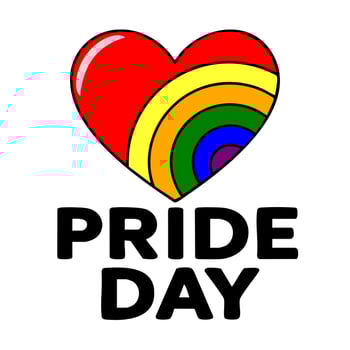 Vibrant illustration of a heart incorporating a rainbow arc, celebrating Pride Day with bold typography. vector