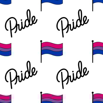 Seamless pattern featuring the bisexual pride flag and stylized Pride lettering, perfect for LGBTQ themed designs and celebrations. vector