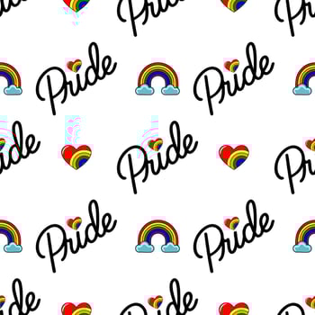 Seamless pattern with Pride rainbow hearts, rainbows and script lettering for LGBTQ celebration. vector