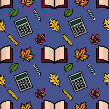 A charming seamless pattern featuring autumn leaves, school supplies like calculators, pencils, rulers, and open books, creating a playful back-to-school design on a deep blue background. vector