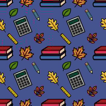 This vibrant seamless pattern features a playful mix of autumn leaves and school supplies, including books, pencils, calculators, and rulers, creating a cheerful back-to-school design vector
