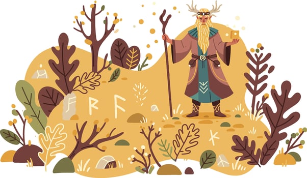Norse god illustration with ancient runes and autumn foliage in warm golden tones art vector