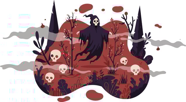 Grim Reaper floating over spooky autumn forest with skulls and dark trees illustration vector