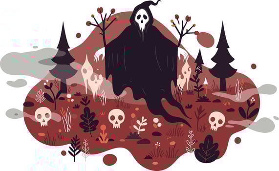 Grim Reaper ghost with skulls and trees in red autumn forest horror scene illustration vector