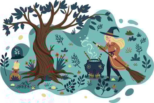Witch stirring cauldron under tree with owl on branch and autumn leaves illustration for Halloween theme vector
