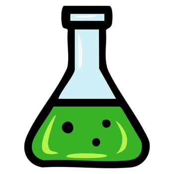 A playful illustration of a cartoon Erlenmeyer flask filled with bright green liquid, featuring a bold black outline and subtle shading for a whimsical feel. vector