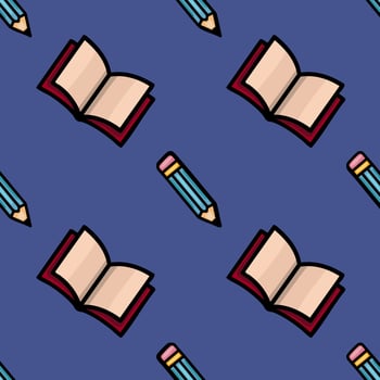 A vibrant seamless pattern featuring a playful arrangement of open notebooks with maroon covers and teal pencils, set against a deep blue background, ideal for educational or stationery desi... vector