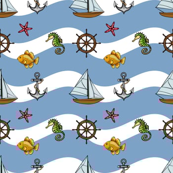 A whimsical nautical pattern featuring sailboats, anchors, steering wheels, seahorses, starfish, and goldfish on a wavy blue background. vector