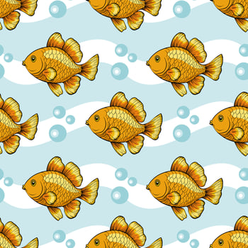 A vibrant seamless pattern featuring cartoon-style goldfish swimming against a light blue background. The fish are illustrated with detailed scales and bubbles, creating a playful aquatic theme. vector