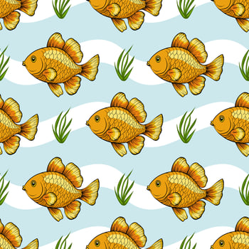 A seamless pattern featuring cartoon-style goldfish swimming in a light blue background with wavy lines and green aquatic plants. vector