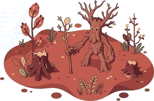 Tree character with red autumn leaves and stumps on earthy soil illustration in fantasy style vector