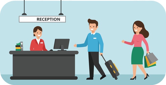Hotel reception desk welcoming male and female tourists with luggage and shopping bags illustration vector