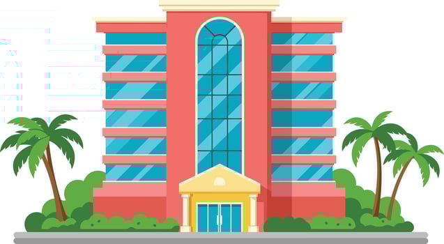 Modern coral colored office building with glass windows and palm trees illustration vector