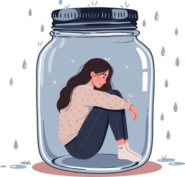 Woman Sitting Inside Glass Jar Feeling Isolated and Sad Conceptual Illustration in Soft Colors vector