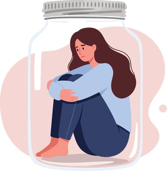 Woman sitting inside glass jar symbolizing emotional confinement and loneliness in soft muted colours vector