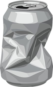 Crumpled aluminum soda can illustration in gray tones with metallic texture vector