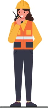 Female Construction Worker Wearing Safety Vest and Helmet Using Walkie Talkie on Site Illustration vector