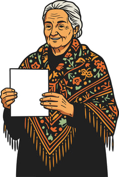 Elderly woman wearing patterned shawl holding blank paper portrait illustration with traditional textile design and gray hair vector