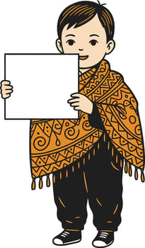 Young boy holding blank sign wearing traditional patterned orange shawl and casual black pants standing isolated vector