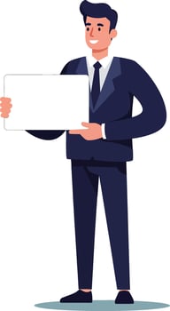 Businessman in navy suit holding blank white sign for presentation or advertisement in simple illustration style vector