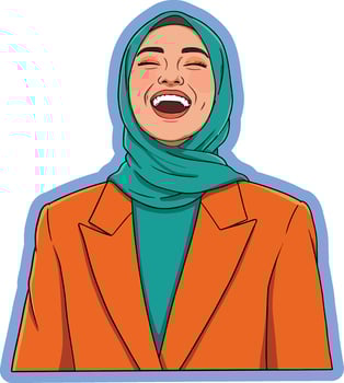 Woman wearing teal hijab and orange blazer laughing joyfully in digital illustration portrait style vector