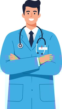 Male doctor in blue medical coat with stethoscope crossed arms smiling portrait illustration vector