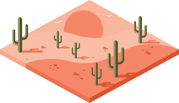 Desert landscape with green cacti and setting sun in warm tones illustration vector