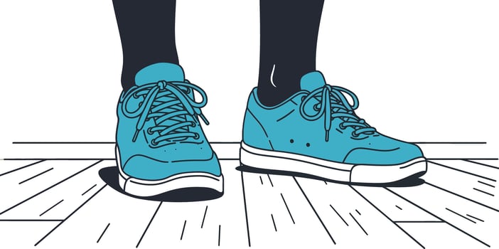 Blue sneakers with black socks standing on wooden floor illustration for casual footwear style and urban fashion design vector