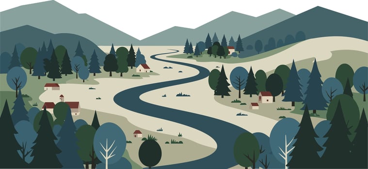 Serene mountain landscape with winding river and scattered cottages in muted blue and green tones vector