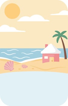 Tropical Beach Scene with Palm Tree and Hut under Sunny Sky and Calm Ocean Waves Illustration vector