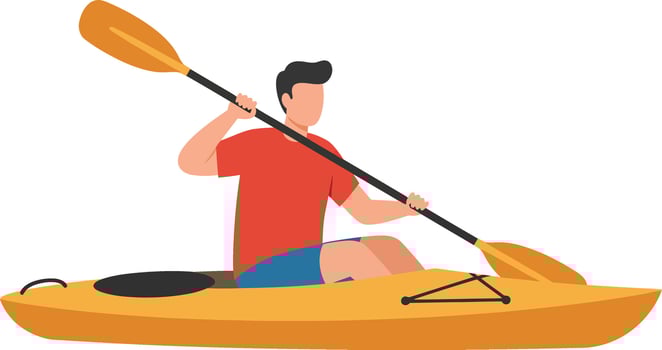 Man kayaking in orange kayak wearing red shirt and blue shorts on calm water outdoor activity vector