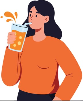 Woman Drinking Bubble Tea with Straw and Splash in Orange Sweater Enjoying Refreshing Beverage vector