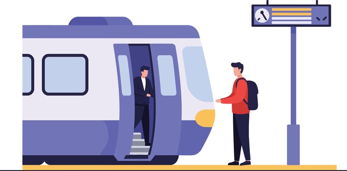 Passenger boarding modern train at station platform with timetable display urban commuting scene vector