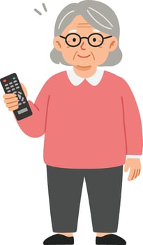 Elderly woman holding remote control smiling casual outfit gray hair glasses standing cartoon illustration vector