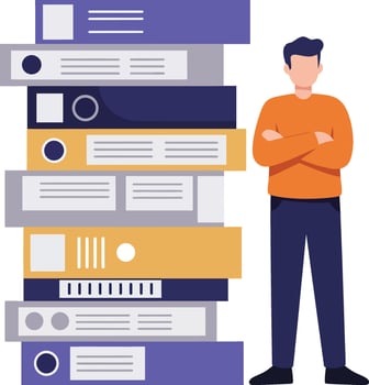 Man standing confidently beside tall stack of colorful office binders and folders in minimalistic workspace illustration vector