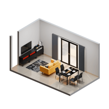 Isometric Living Dining Room With Yellow Sofa And Black Furniture png